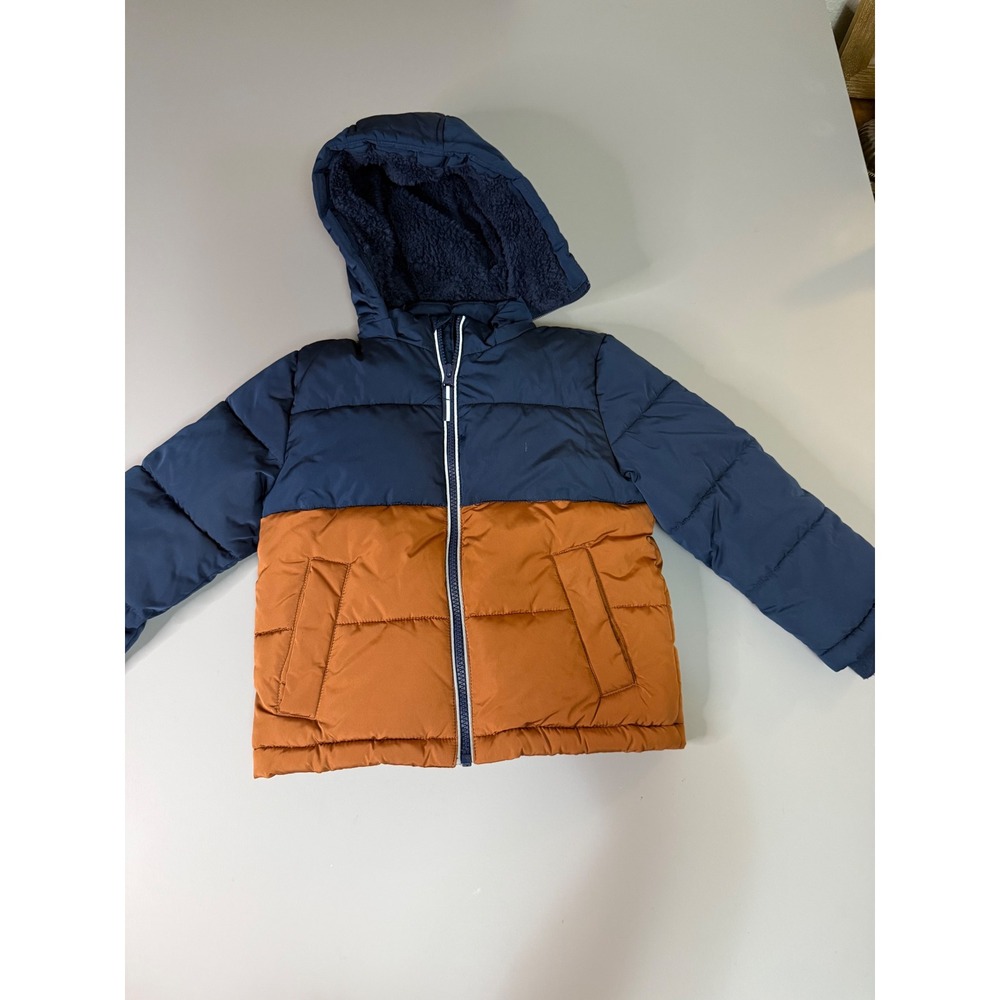 Members Mark Toddler Puffer Jacket 3T Navy Blue Orange Sherpa Lined Winter Coat